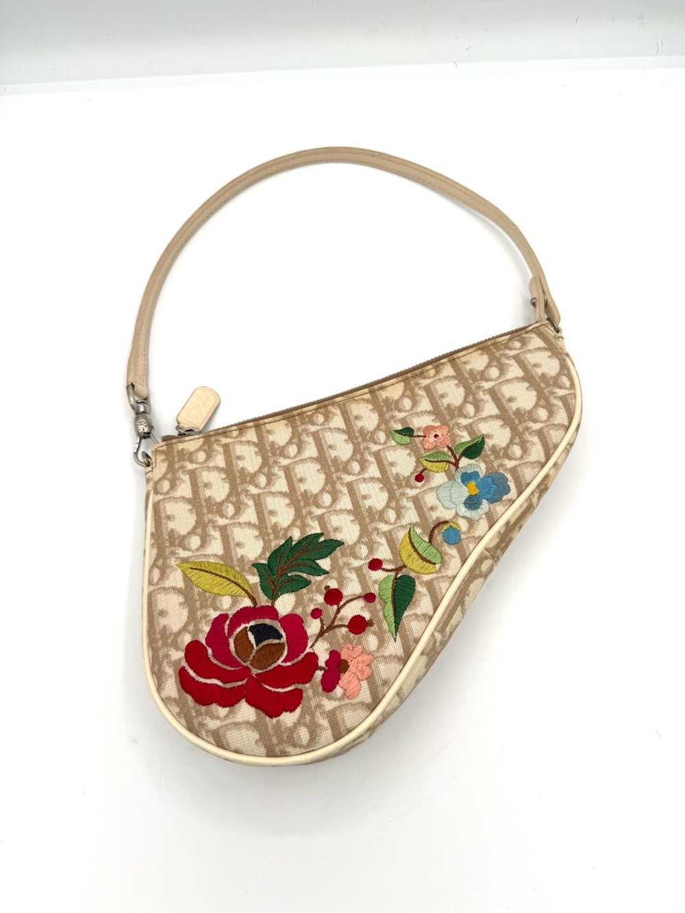 Dior Galliano Brown Mini Floral Embroidered Saddle Bag